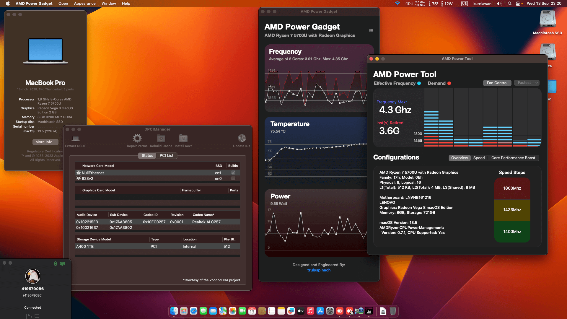 Success Hackintosh macOS Ventura 13.5 Build 22G74 in Lenovo Ideapad Slim 3 15ALC6